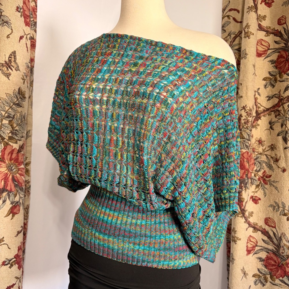 Pronto Gorgeous Y2k Women Teal/rainbow Crochet Knit Dolman Sleeve Blouson Top